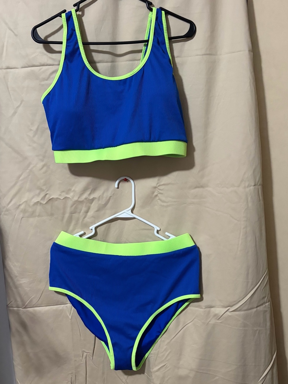 Neon-Trim Blue High-Waist Bikini Set
